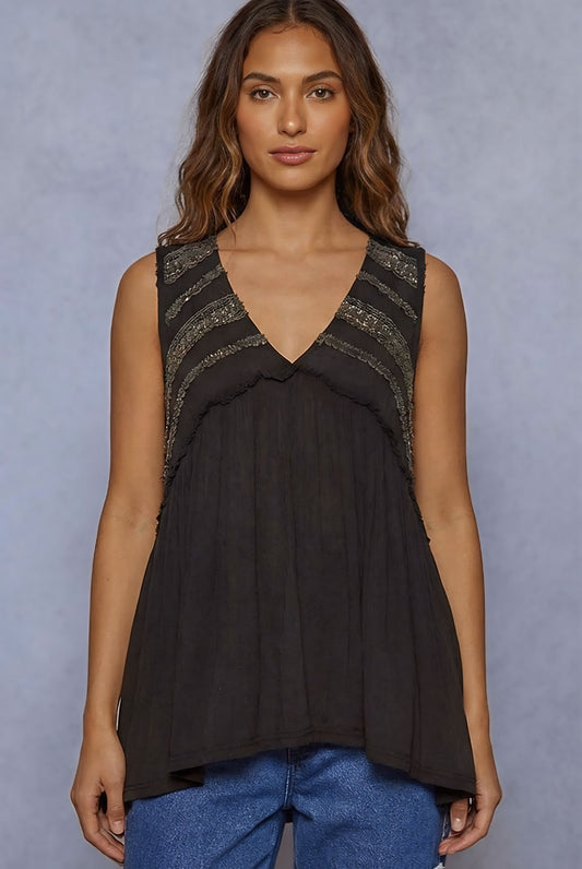 POL Boho Lace Trim Babydoll Tank Top