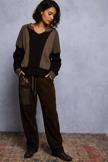 POL Boho Raw Edge Contrast Thermal Long Sleeve Top – Earth Tones