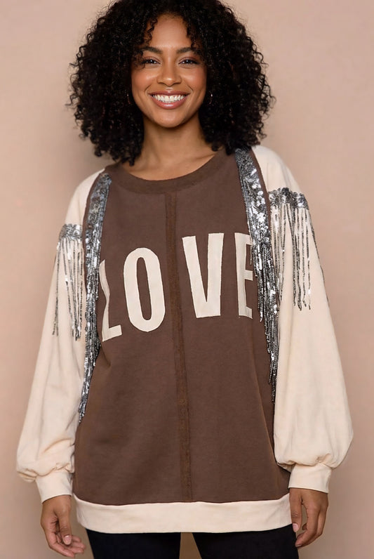 POL Boho Sequin Fringe LOVE Balloon Sleeve Top