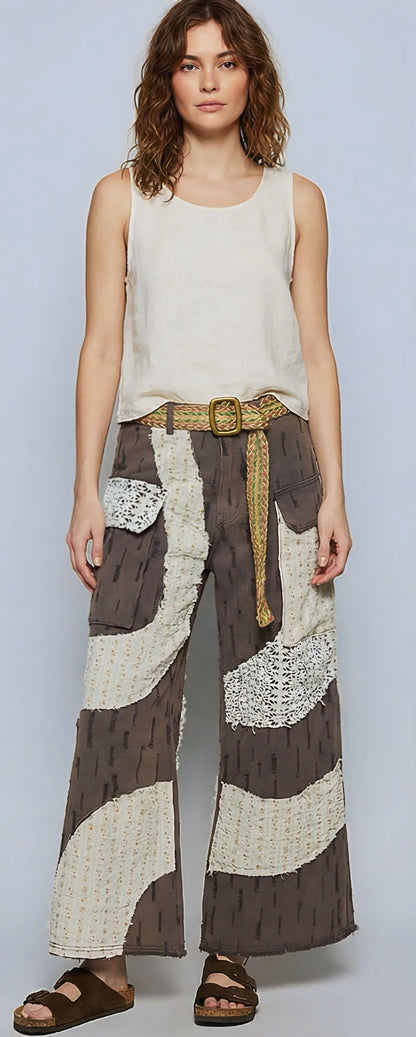 POL Boho Wavy Patchwork Wide-Leg Pants