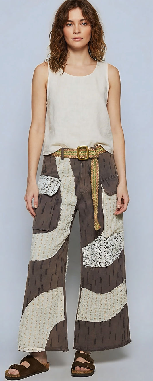 POL Boho Wavy Patchwork Wide-Leg Pants