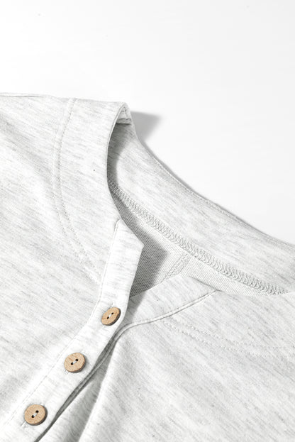 Light Grey Two Tone Contrast Waffle Knit Patched Buttoned V Neck Top