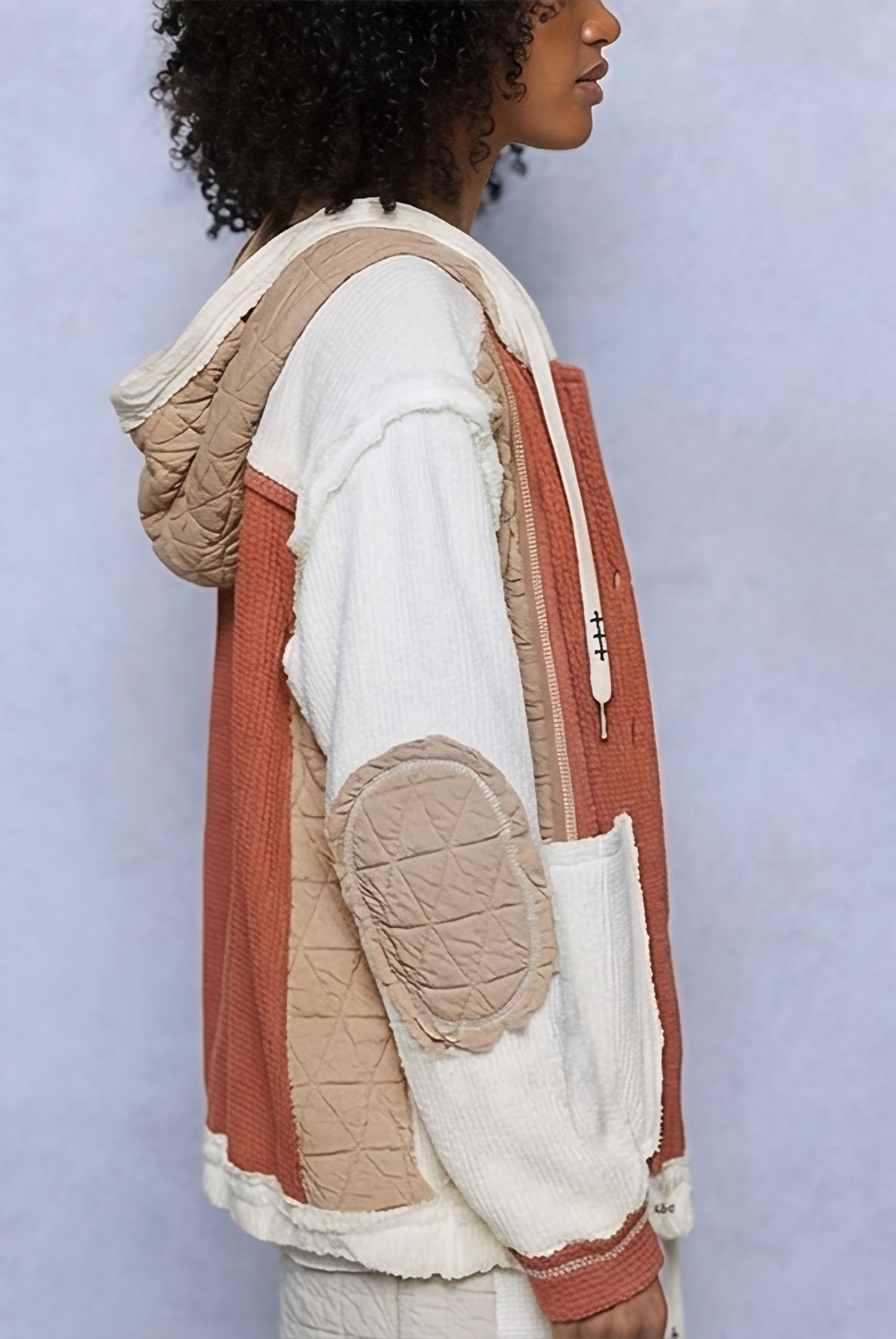 POL Boho Cozy Contrast Quilted Hoodie Jacket