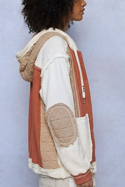 POL Boho Cozy Contrast Quilted Hoodie Jacket