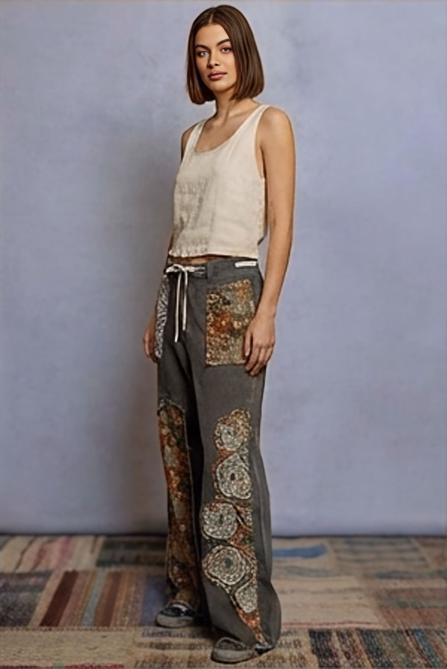 POL Boho Floral & Lace Patchwork Denim Jeans