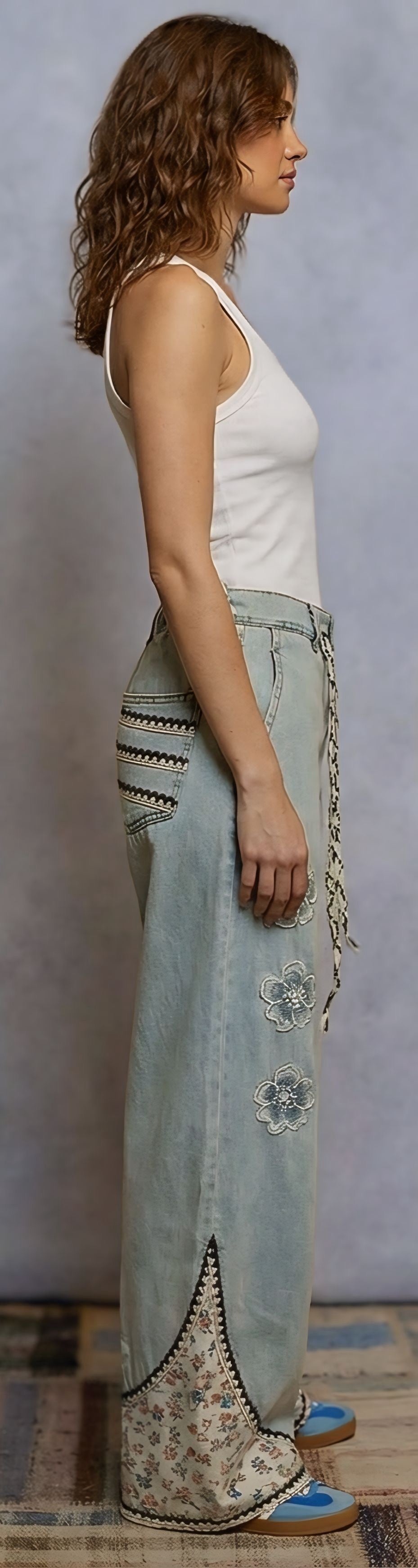 POL Boho Floral Patchwork Wide-Leg Denim Jeans