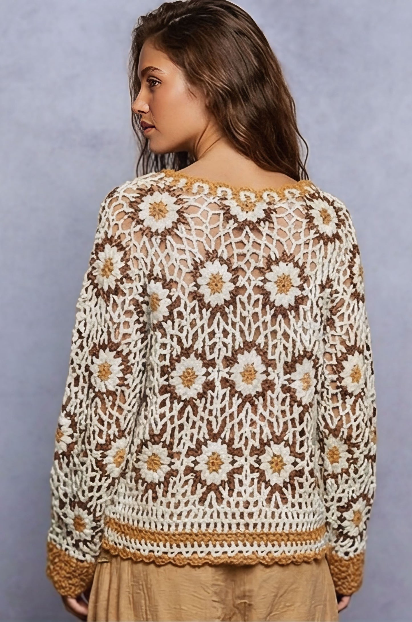 POL Boho Granny Floral Pattern Balloon Sleeve Sweater