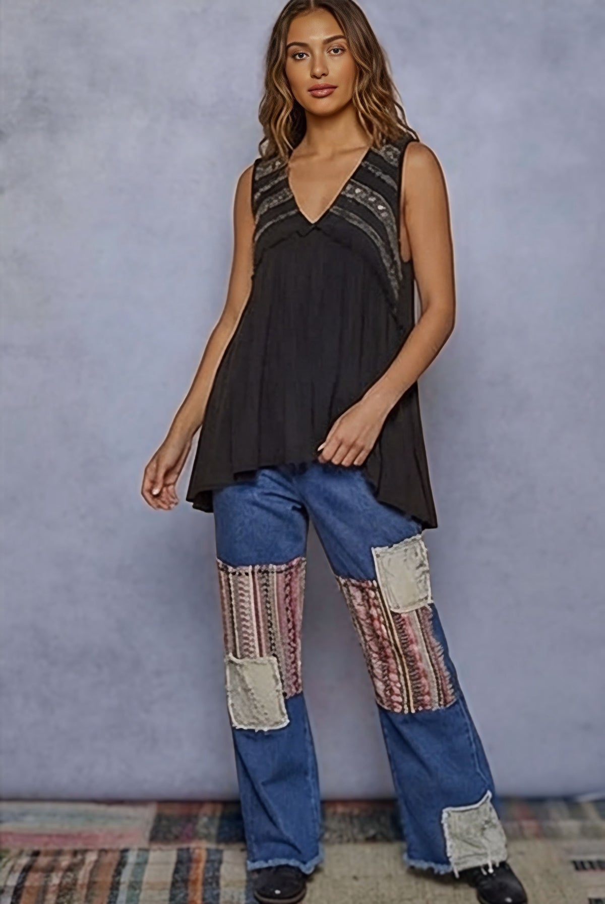 POL Boho Lace Trim Babydoll Tank Top
