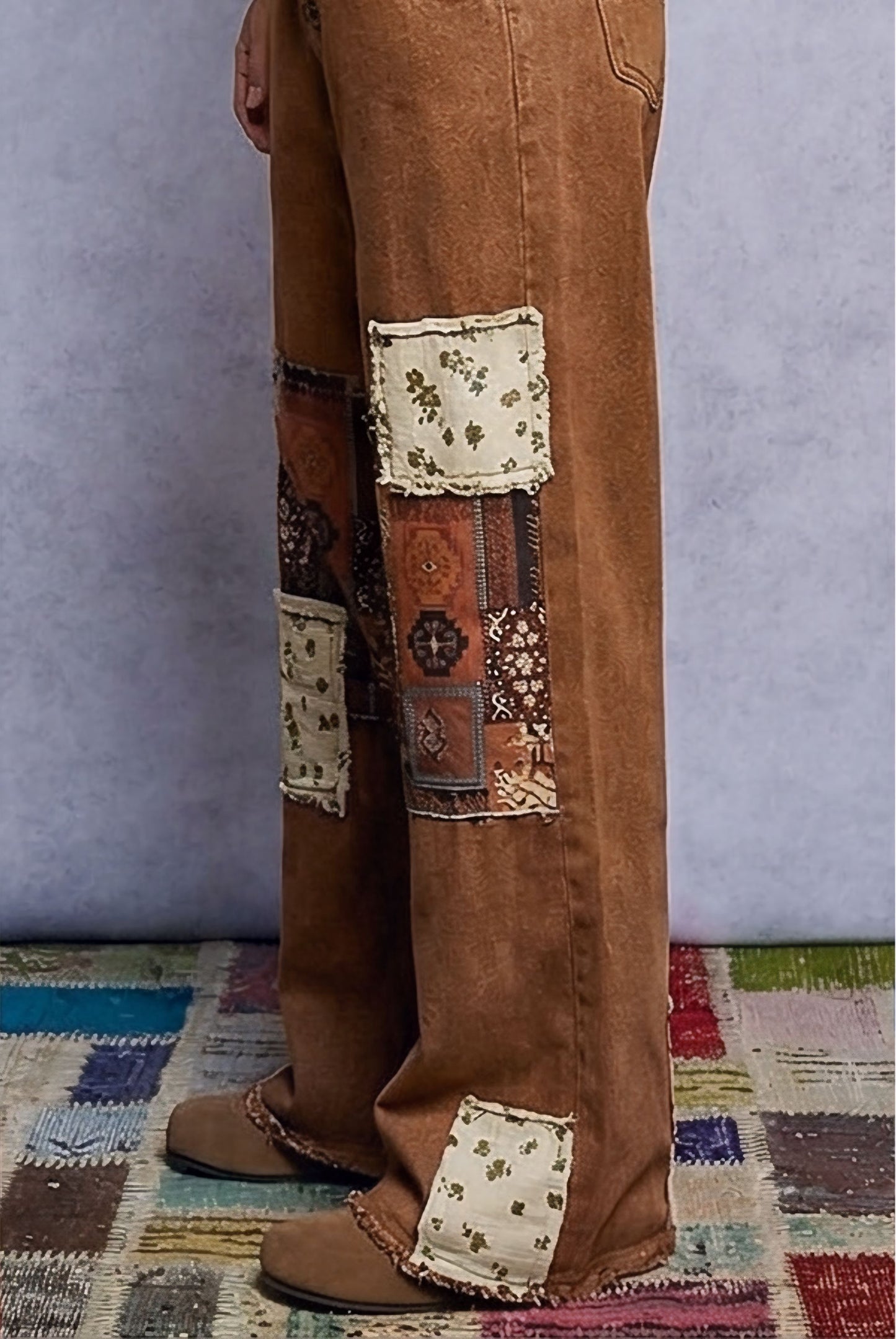 POL Boho Patchwork Straight-Leg Denim Jeans – Caramel