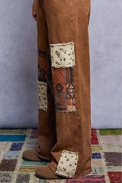 POL Boho Patchwork Straight-Leg Denim Jeans – Caramel