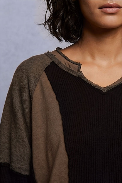 POL Boho Raw Edge Contrast Thermal Long Sleeve Top – Earth Tones