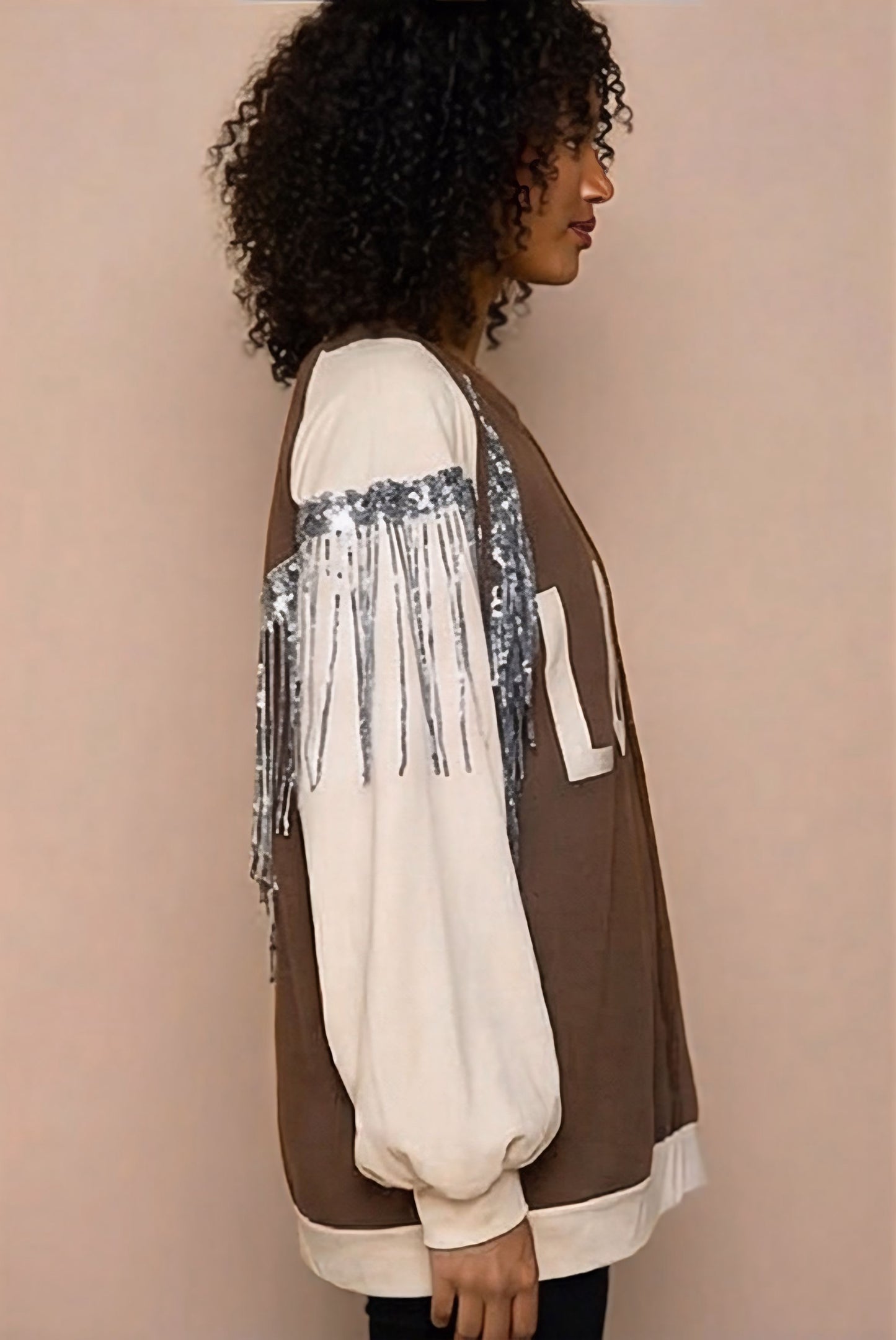 POL Boho Sequin Fringe LOVE Balloon Sleeve Top