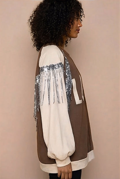 POL Boho Sequin Fringe LOVE Balloon Sleeve Top