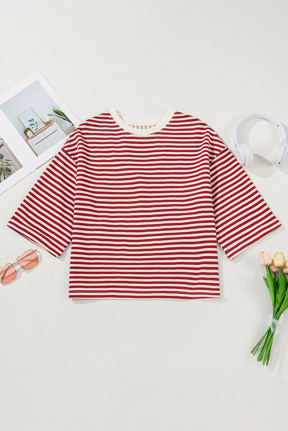 Red Stripe Bowknot Cutout Back Drop Shoulder Wide Bracelet Sleeve Loose Tee