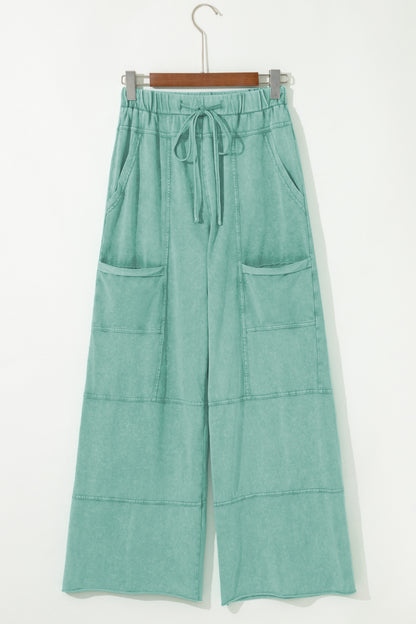 Mint Green Mineral Wash Exposed Seam Drawstring High Waist Wide Leg Cargo Pants
