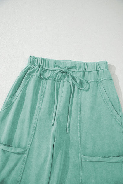Mint Green Mineral Wash Exposed Seam Drawstring High Waist Wide Leg Cargo Pants