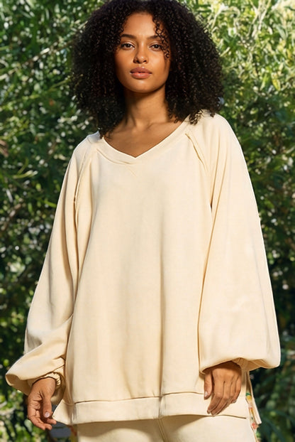 POL Boho Cross Back Balloon Sleeve Terry Knit Sweater