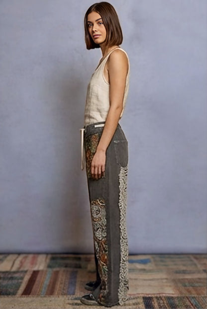 POL Boho Floral & Lace Patchwork Denim Jeans