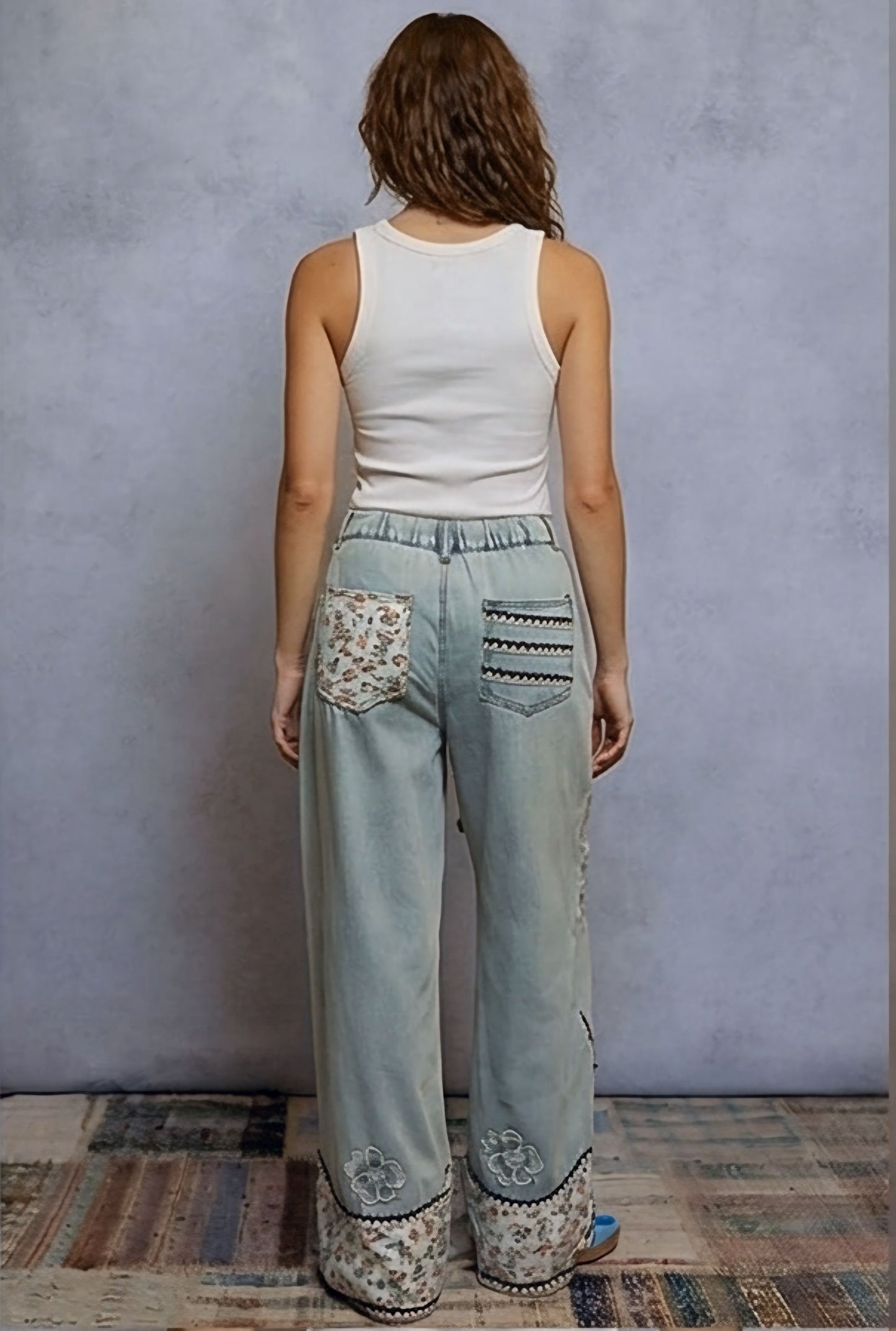 POL Boho Floral Patchwork Wide-Leg Denim Jeans