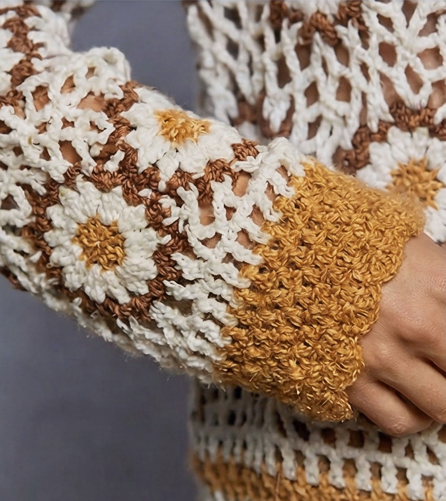 POL Boho Granny Floral Pattern Balloon Sleeve Sweater