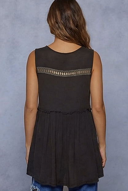POL Boho Lace Trim Babydoll Tank Top