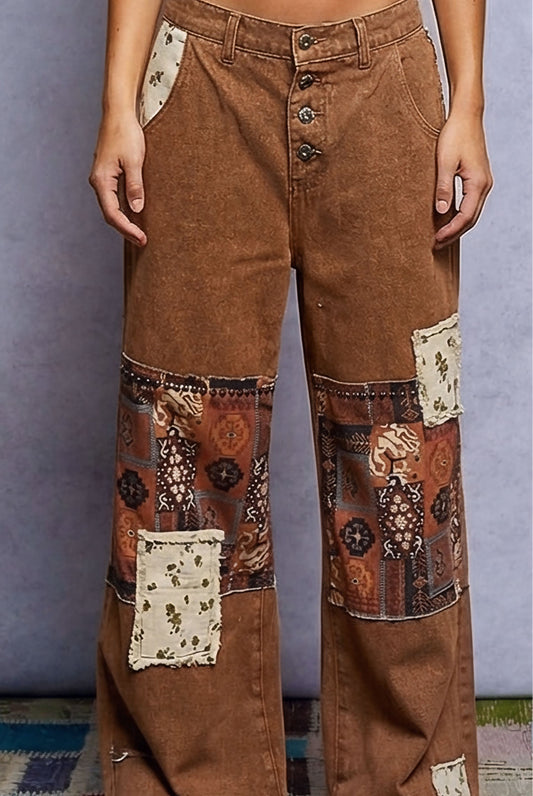 POL Boho Patchwork Straight-Leg Denim Jeans – Caramel