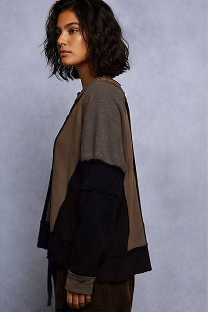 POL Boho Raw Edge Contrast Thermal Long Sleeve Top – Earth Tones