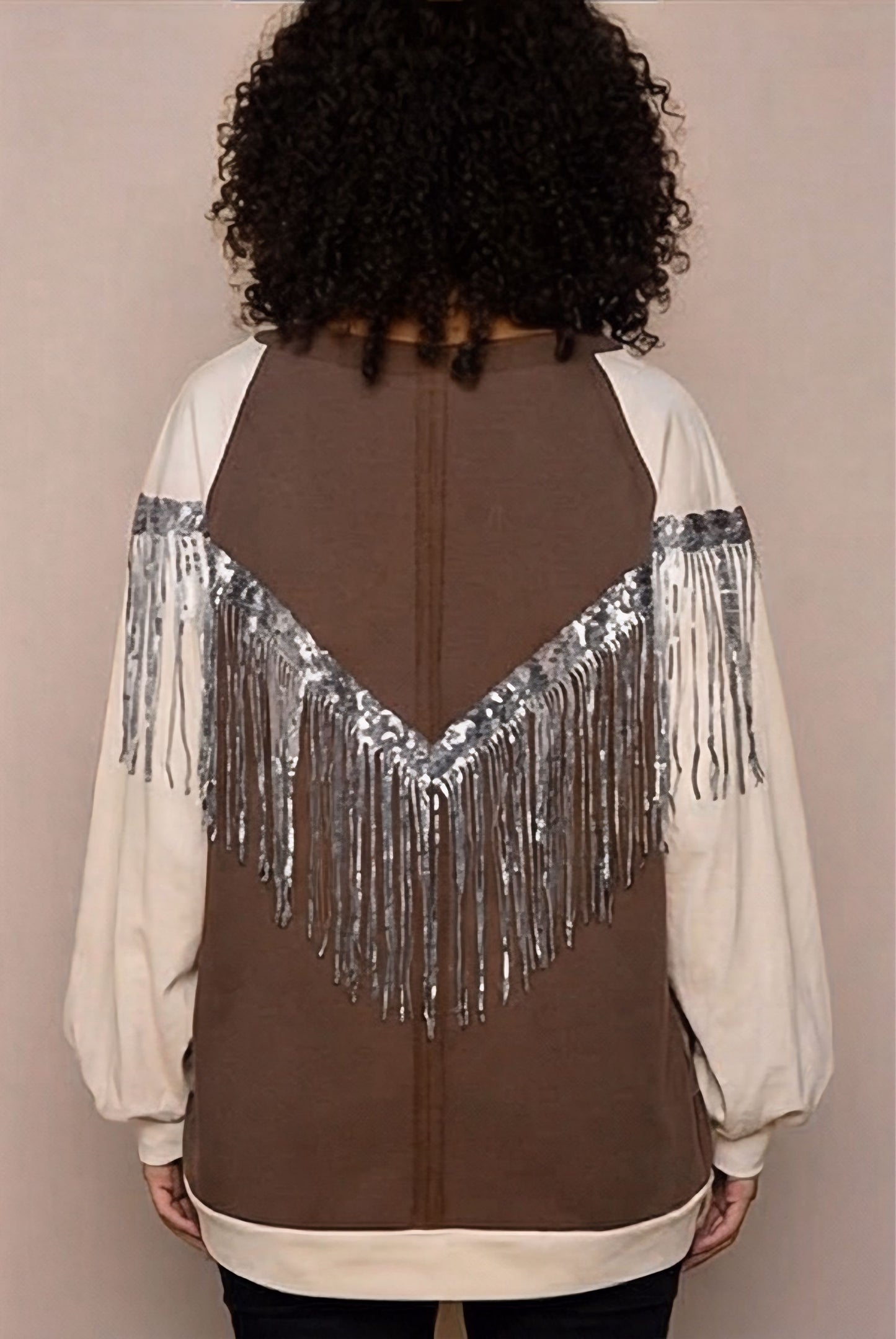POL Boho Sequin Fringe LOVE Balloon Sleeve Top