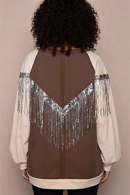 POL Boho Sequin Fringe LOVE Balloon Sleeve Top
