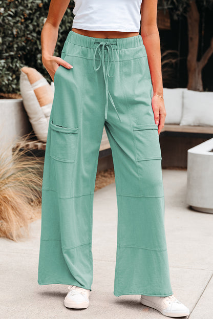 Mint Green Mineral Wash Exposed Seam Drawstring High Waist Wide Leg Cargo Pants