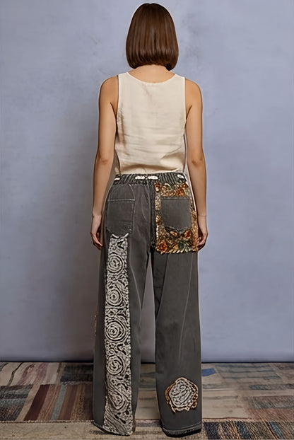 POL Boho Floral & Lace Patchwork Denim Jeans