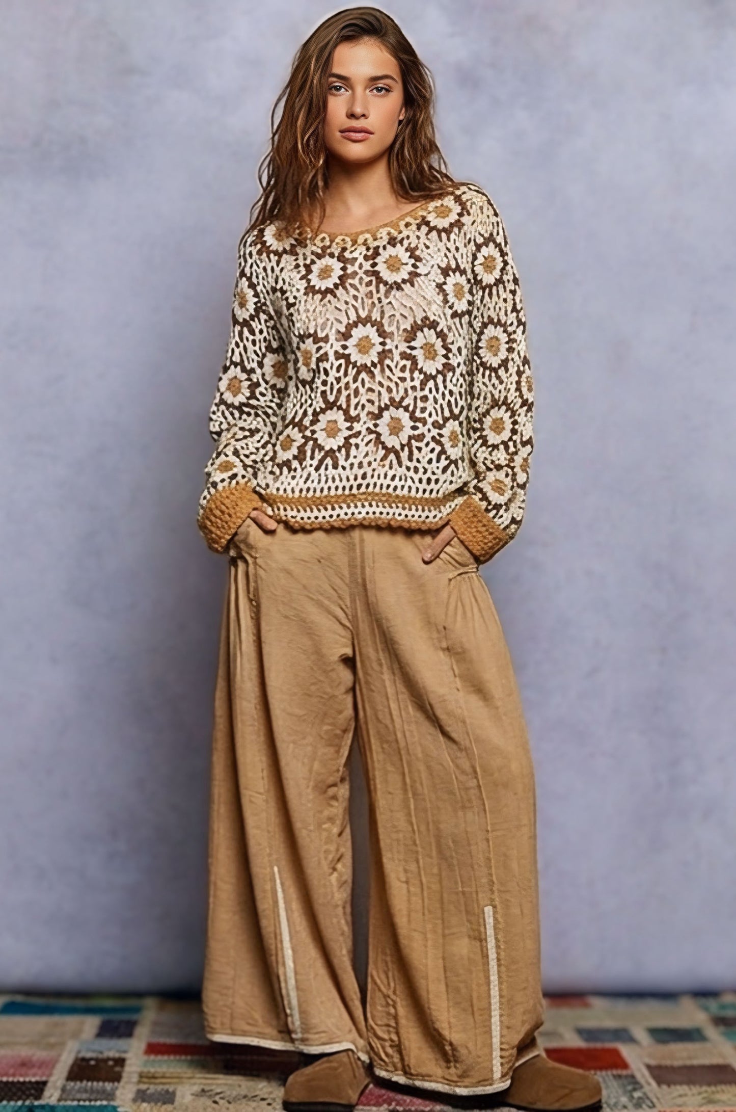 POL Boho Granny Floral Pattern Balloon Sleeve Sweater