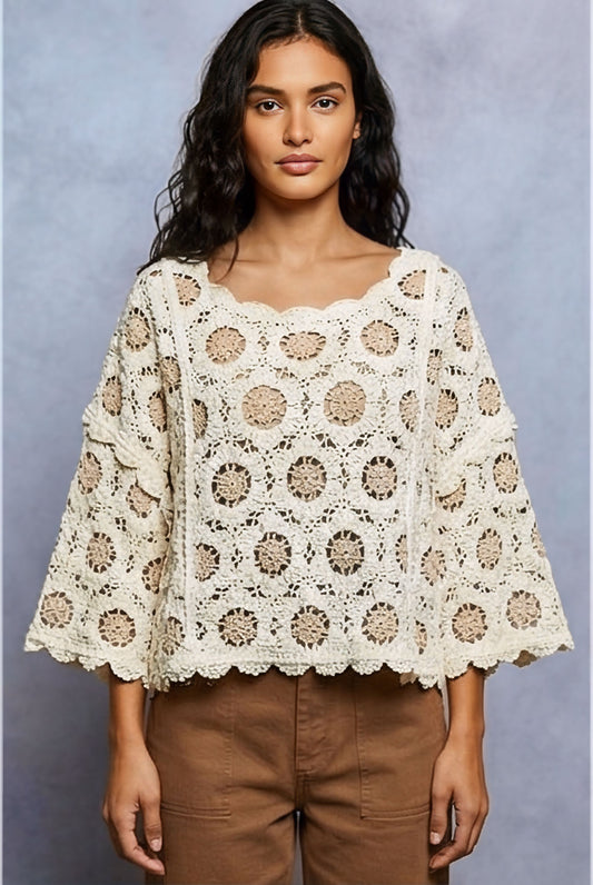 POL Boho Oversized Crochet Top – Cream Latte