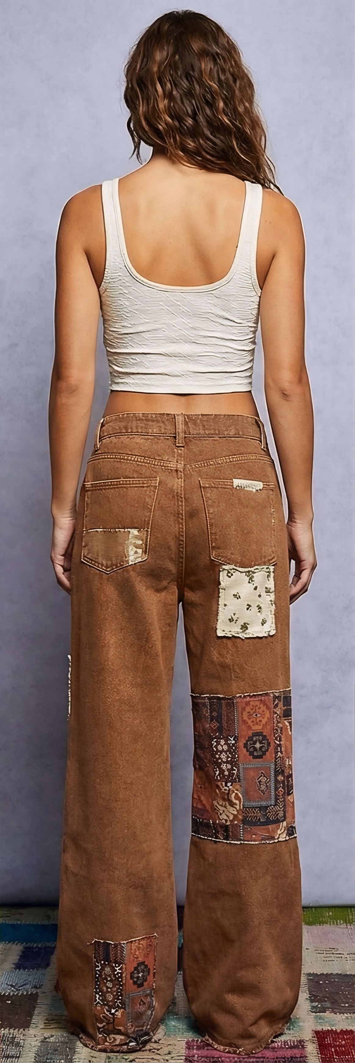 POL Boho Patchwork Straight-Leg Denim Jeans – Caramel