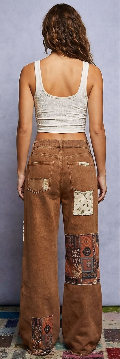POL Boho Patchwork Straight-Leg Denim Jeans – Caramel