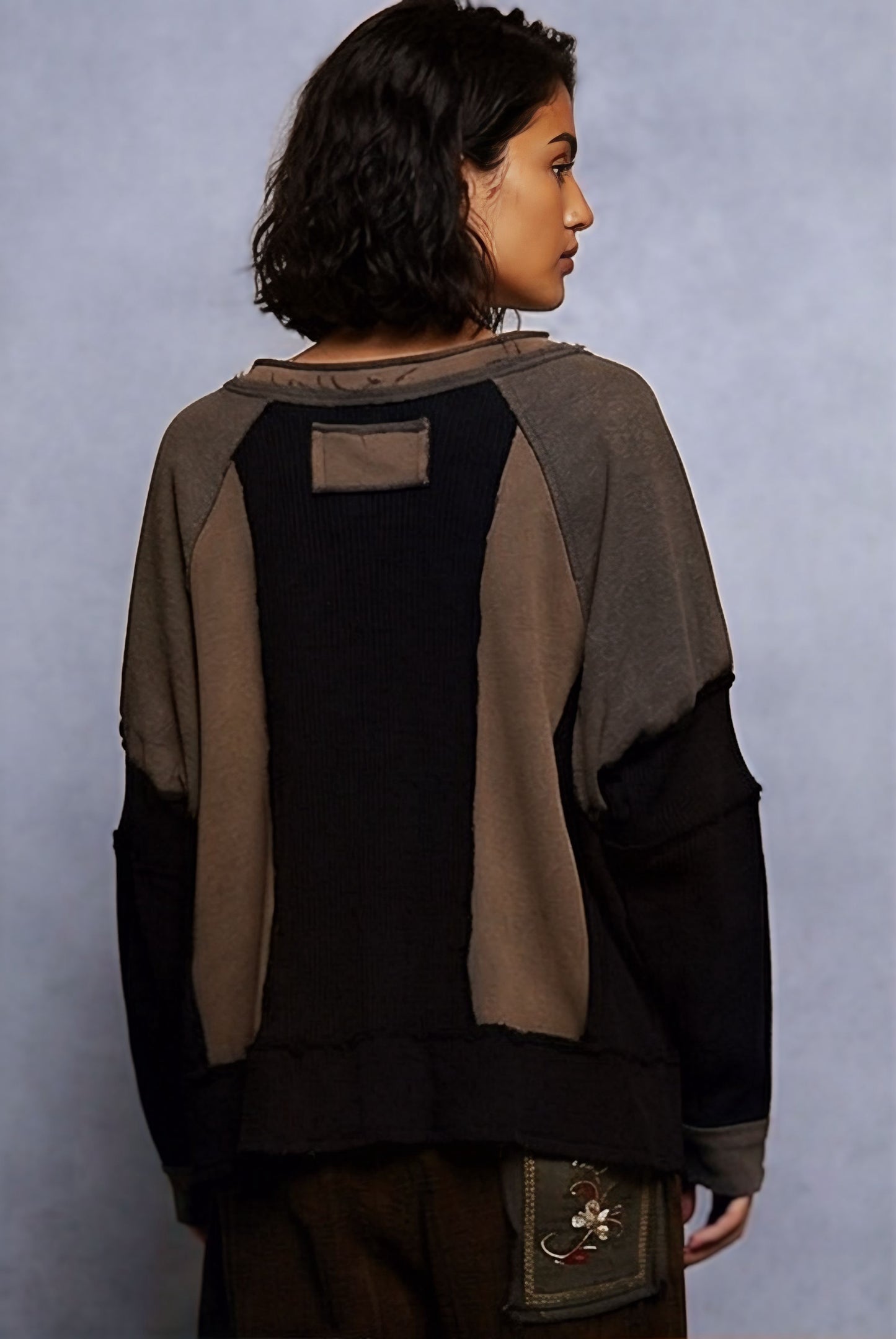 POL Boho Raw Edge Contrast Thermal Long Sleeve Top – Earth Tones