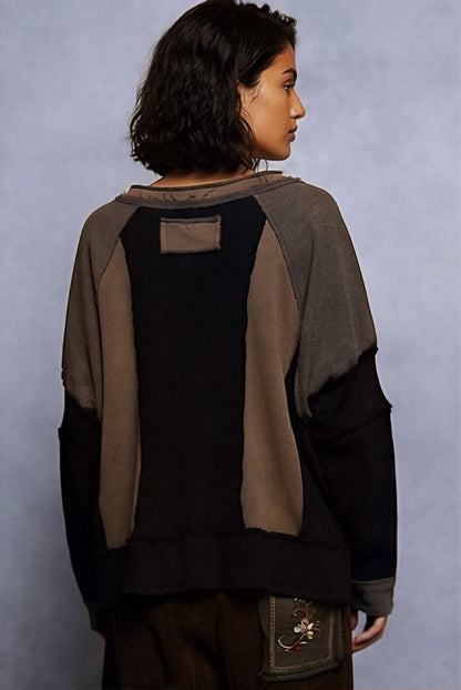 POL Boho Raw Edge Contrast Thermal Long Sleeve Top – Earth Tones