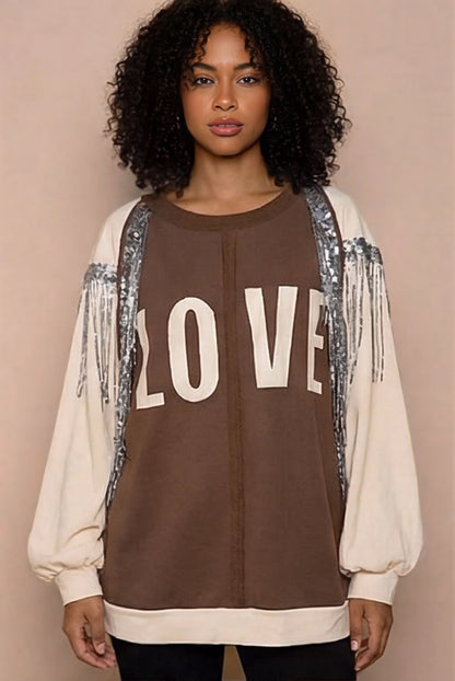POL Boho Sequin Fringe LOVE Balloon Sleeve Top
