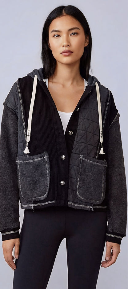 POL Boho Cozy Contrast Quilted Hoodie Jacket