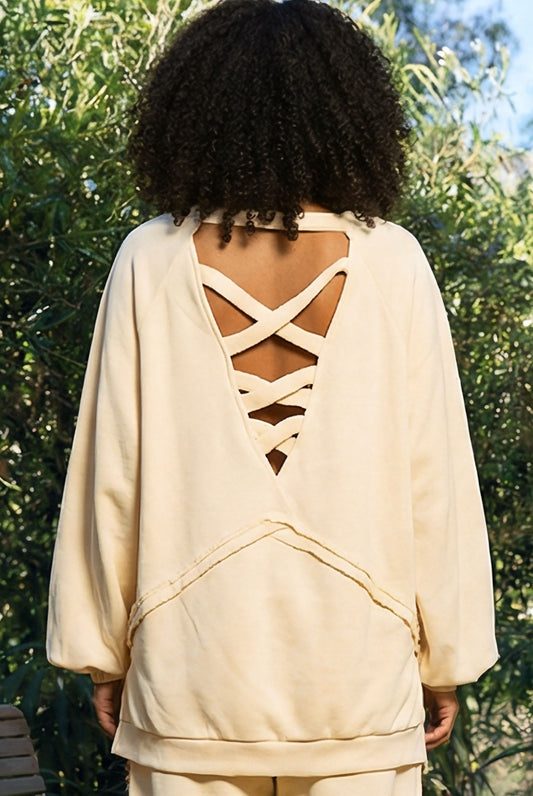 POL Boho Cross Back Balloon Sleeve Terry Knit Sweater