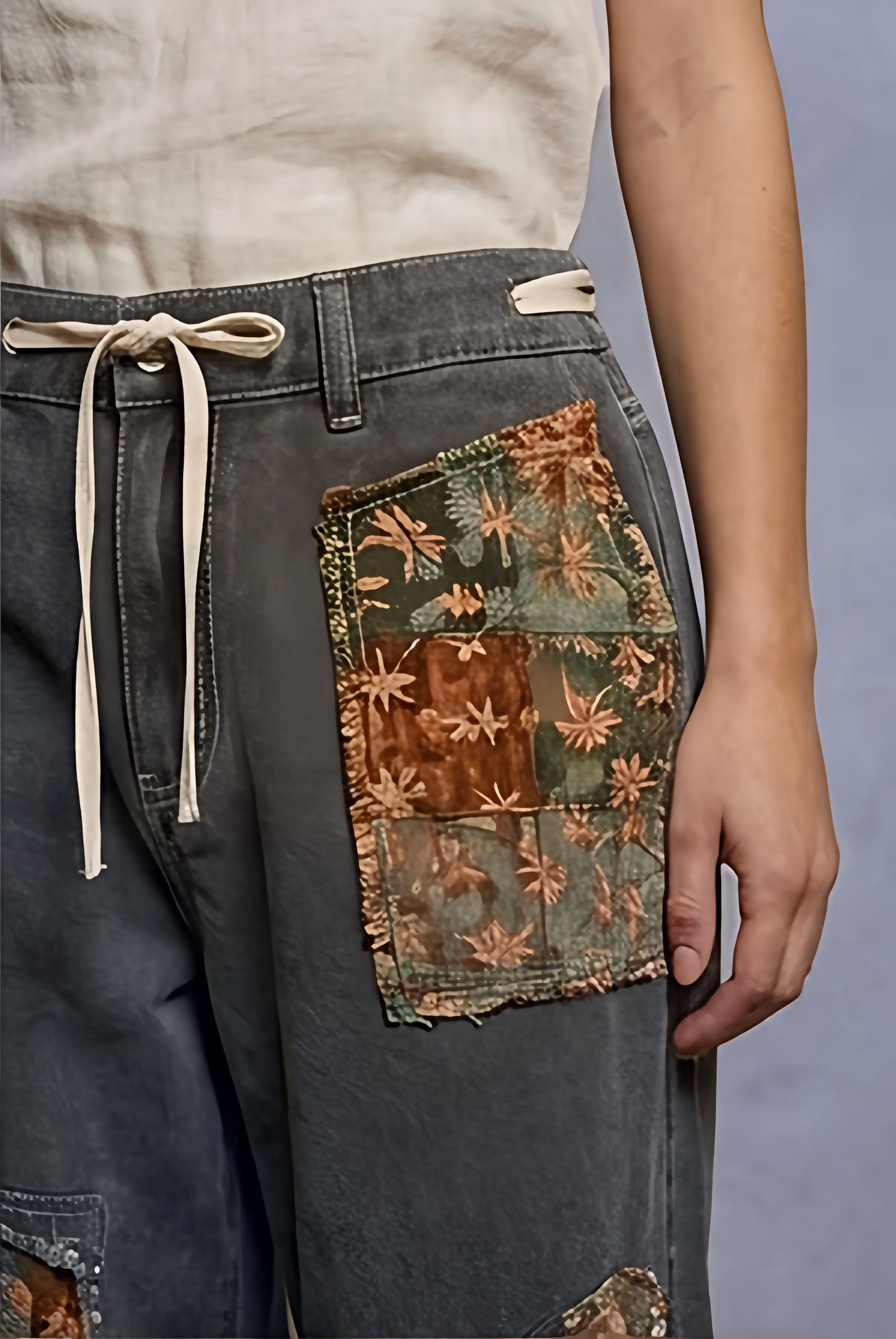 POL Boho Floral & Lace Patchwork Denim Jeans