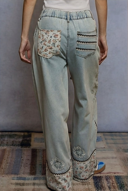 POL Boho Floral Patchwork Wide-Leg Denim Jeans