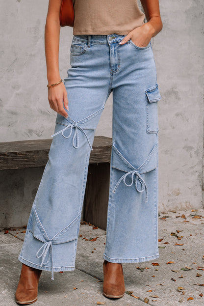 Beau Blue Bowknot Decor Boyfriend Cargo Jeans