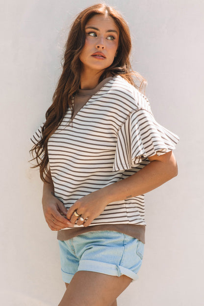 Parchment Contrast Detail Striped Ruffle Short Sleeve Top