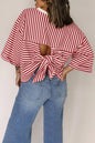 Red Stripe Bowknot Cutout Back Drop Shoulder Wide Bracelet Sleeve Loose Tee