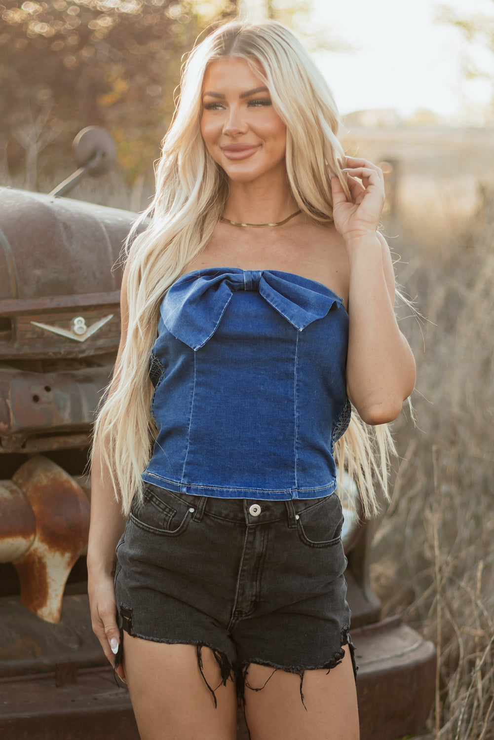 Sail Blue Vintage Bow Front Smocked Back Denim Tube Top