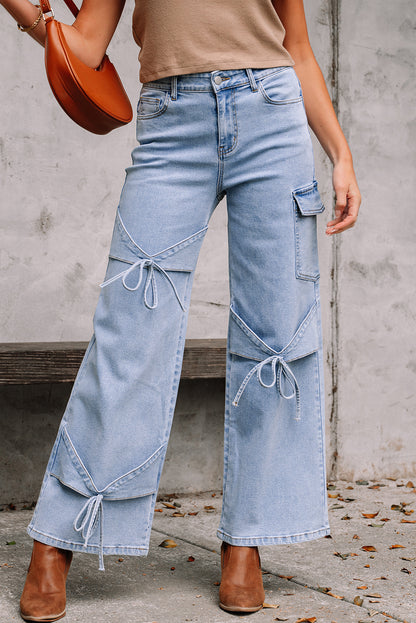 Beau Blue Bowknot Decor Boyfriend Cargo Jeans