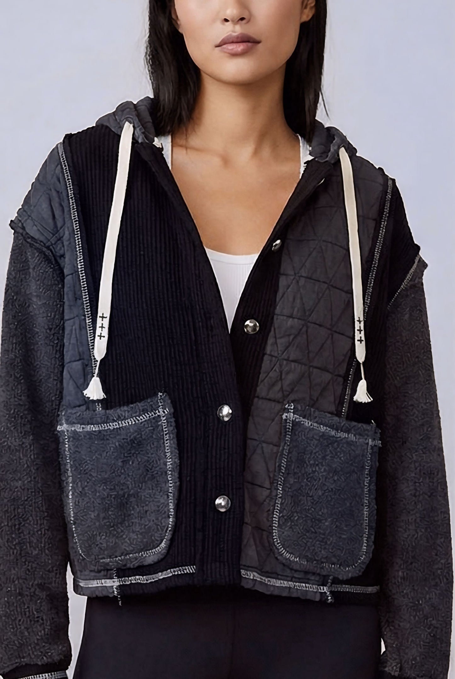 POL Boho Cozy Contrast Quilted Hoodie Jacket