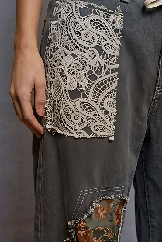 POL Boho Floral & Lace Patchwork Denim Jeans