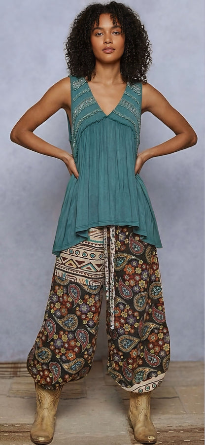POL Boho Lace Trim Babydoll Tank Top